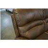 Image 3 : BRAND NEW BROWN AIR LEATHER CORNER RECLINING SECTIONAL W/ CONSOLE AND BRASS NAIL HEADS - RETAIL $289