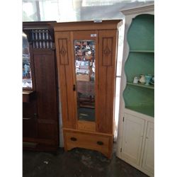 ANTIQUE OAK CARVED AND BEADED WARDROBE W/ ORIGINAL BEVELED GLASS AND KEY