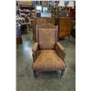 Image 2 : ANTIQUE OAK HIGHLY CARVED AND SCROLLED LIVING ROOM CHAIR - REUPHOLSTERED W/ ORIGINAL FEET