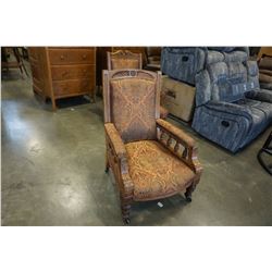 ANTIQUE OAK HIGHLY CARVED LIVING ROOM CHAIR - REUPHOLSTERED