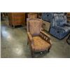 Image 1 : ANTIQUE OAK HIGHLY CARVED LIVING ROOM CHAIR - REUPHOLSTERED