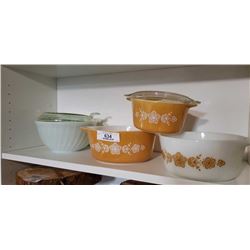 3 PYREX BOWLS, AND 2 FIRE KING BOWLS