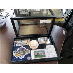 SIGNED BLUE JAYS BASEBALL, 2 BLUE JAYS BASEBALL CARDS AND1992 WORLD SERIES PATCH WITH DISPLAY CASE