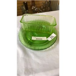 4 PIECES OF GREEN DEPRESSION GLASS PLATES