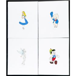 Lot (4) Disney and Looney Tunes Art Cards. Porkey Pig, Pinocchio, Tinkerbell and Wendy. 6x7".