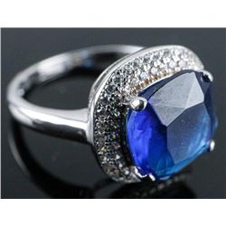 .925 Silver Cushion Cut Sapphire Blue Swarovski Element Ring - Size 7.