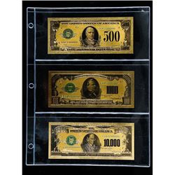 Lot (3) 24kt Gold Leaf Federal Reserve Notes. (500, 1,000, 10,000).