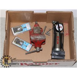 FLAT OF ASSORTED TOOLS INCLUDING VICE, FOOT PUMP