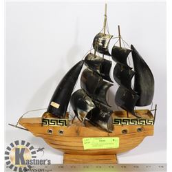 COLLECTORS WOOD SHIP WITH REAL HORN SAILS
