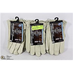 THREE PAIR LEATHER FLEECE LINED WORK GLOVES SIZE S