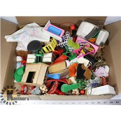 BOX OF DOLL HOUSE FURNITURE AND MORE