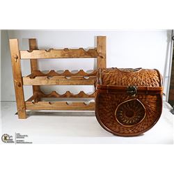 WOODEN WINE RACK AND WICKER BASKET