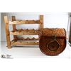 Image 1 : WOODEN WINE RACK AND WICKER BASKET