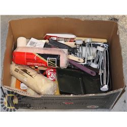 BOX OF NEW AND USED PAINT SUPPLIES