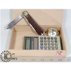 CIGAR BOX WITH TEXAS INSTR. CALCULATOR, TIMEX
