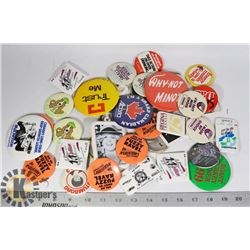 BAG FILLED WITH VINTAGE PIN BACK BUTTONS