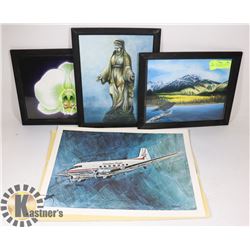 3 FRAMED PICTURES AND SET OF VINTAGE CP AIRPLANE