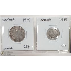 1919 CANADIAN SILVER 25 CENT AND 5 CENT COINS.