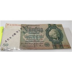 GERMAN NAZI 50 MARK BANKNOTE AUSCHWITZ