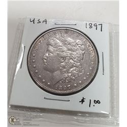 1897 USA MORGAN SILVER DOLLAR COIN.