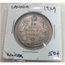 1929 CANADIAN SILVER 50 CENT COIN.