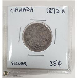 1872H CANADIAN SILVER 25 CENT COIN.