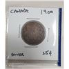 Image 1 : 1900 CANADIAN SILVER 25 CENT COIN.