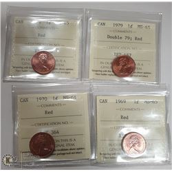 LOT OF 4  ICCS GRADED CANADIAN ONE CENT COINS.