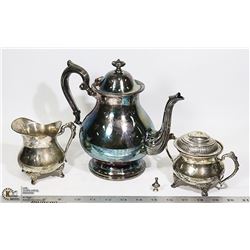 SILVER PLATED TEA POT, HBC CREAMER AND SUGAR
