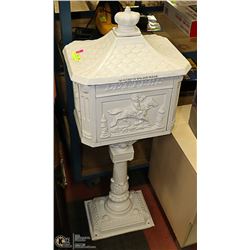 WHITE FREESTANDING MAILBOX, NO KEY & IS LOCKED