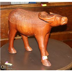 LARGE WOOD CARVED WATER BUFFALO FIGURE, HORN HAS