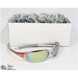 BOX OF SILVER AND ORANGE OAKLEY STYLE SUNGLASSES