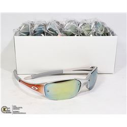 BOX OF SILVER AND ORANGE OAKLEY STYLE SUNGLASSES