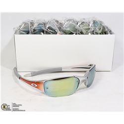 BOX OF SILVER AND ORANGE OAKLEY STYLE SUNGLASSES