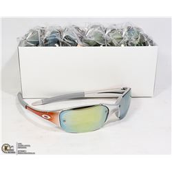 BOX OF SILVER AND ORANGE OAKLEY STYLE SUNGLASSES