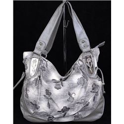 NEW SILVER FLORAL PURSE WITH METAL ACCENTS