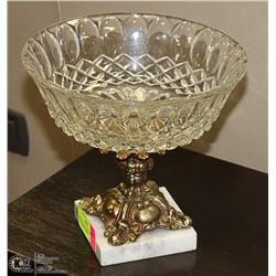 CRYSTAL FRUIT BOWL WITH BRASS AND MARBLE BASE 8"