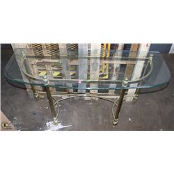 BRASS AND GLASS SOFA TABLE. 49" X 27" X 18"
