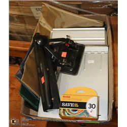 BOX OF STEEL CLIPBOARDS HOLE PUNCHES ETC
