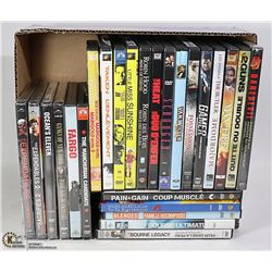 BOX OF MOVIE DVDS.