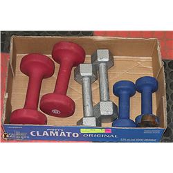 BOX OF DUMBELLS 4 FIVE POUND, 2 TEN POUND