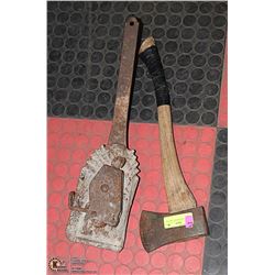 VINTAGE COAL SHOVEL, AXE AND PULLEY