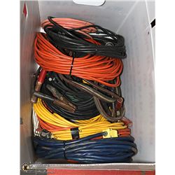 LARGE BOX WITH 12 EXTENTION CORDS, BOOSTER CABLES