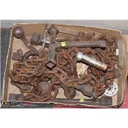 BOX OF VINTAGE CHAIN AND TOOLS
