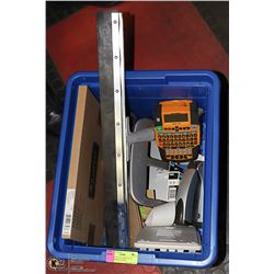 BIN OF OFFICE SUPPLIES WITH LABEL MAKER & MORE