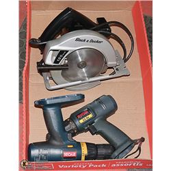 2 RYOBI DRILLS,1 BLACK +DECKER CIRCULAR SAW