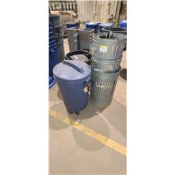 RUBBERMAID TRASH CANS, METAL TRASH CANS AND TWO MOP BUCKETS