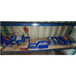 LARE QUANTITY OF PART BINS FULL OF ELECTRICAL COMPONENTS , NUTS, BOLTS, FITTINGS