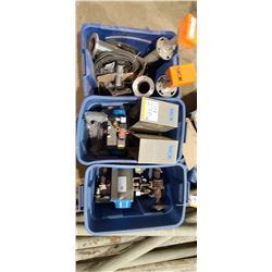 THREE CONTAINERS OF VALVES AND PARTS- NEW AND USED