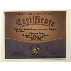 SCI certificate for entries into record book.
